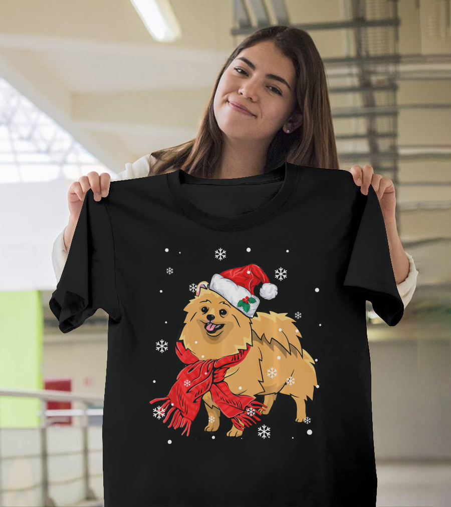 Pomeranian Wearing Santa Hat and Red Scarf with Snowflakes T-Shirt