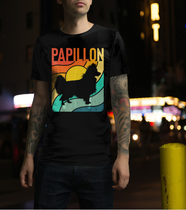 Papillon Vintage Retro Dog Silhouette Rainbow Sunset T-Shirt