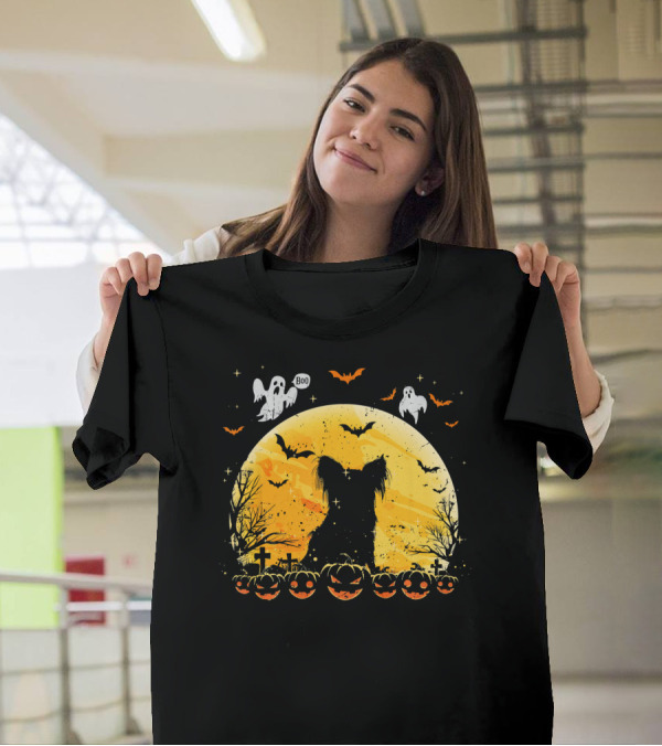 Papillon Lover Halloween Boo Ghosts Funny Dog Moon Pumpkins T-Shirt