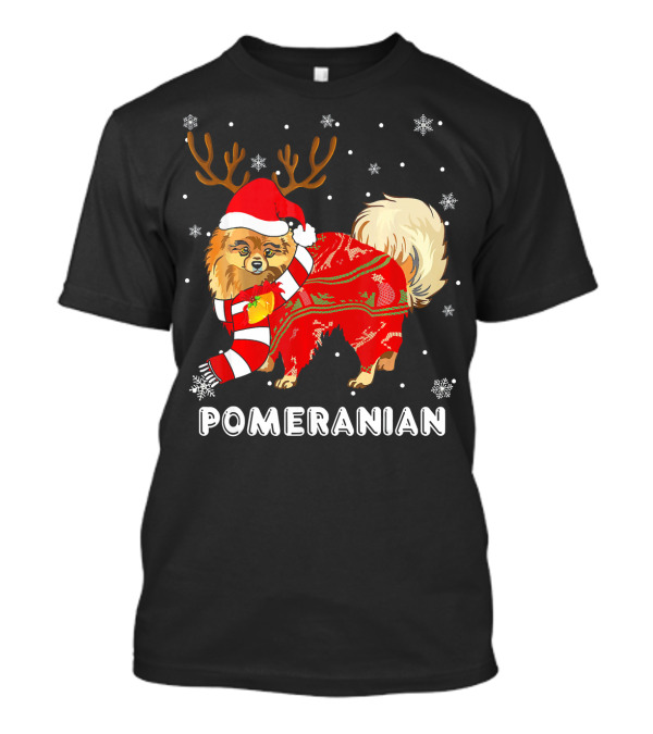 Pomeranian In Santa Hat And Reindeer Antlers Holiday T-Shirt