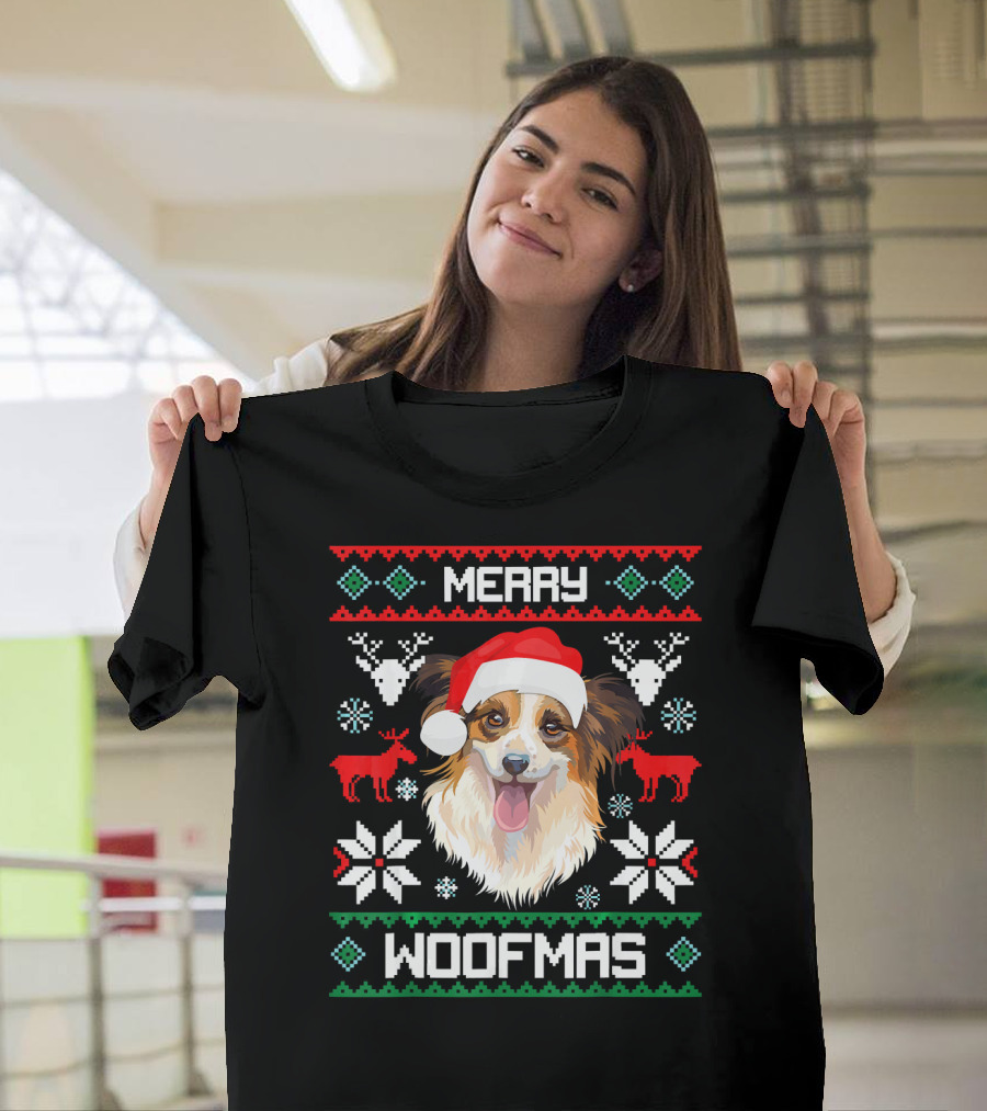 Merry Woofmas Papillon Christmas Santa Hat Festive Reindeer Snowflakes T-Shirt