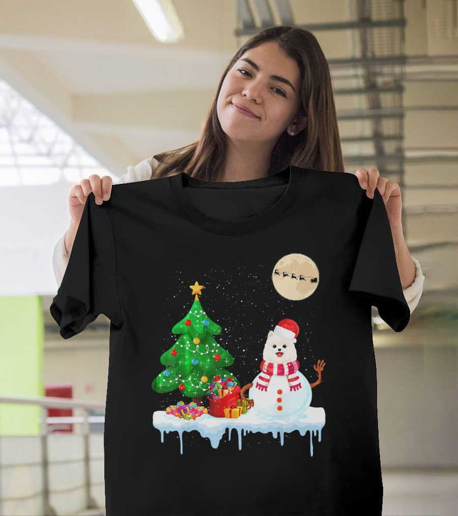 Pomeranian Snowman Christmas Tree Santa Sleigh Moon T-Shirt