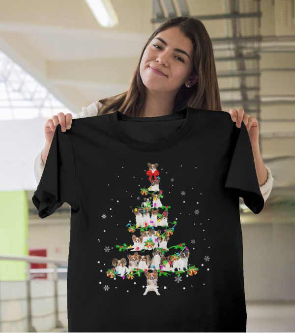 Papillon Dogs Christmas Tree Festive Holiday Snowflakes T-Shirt