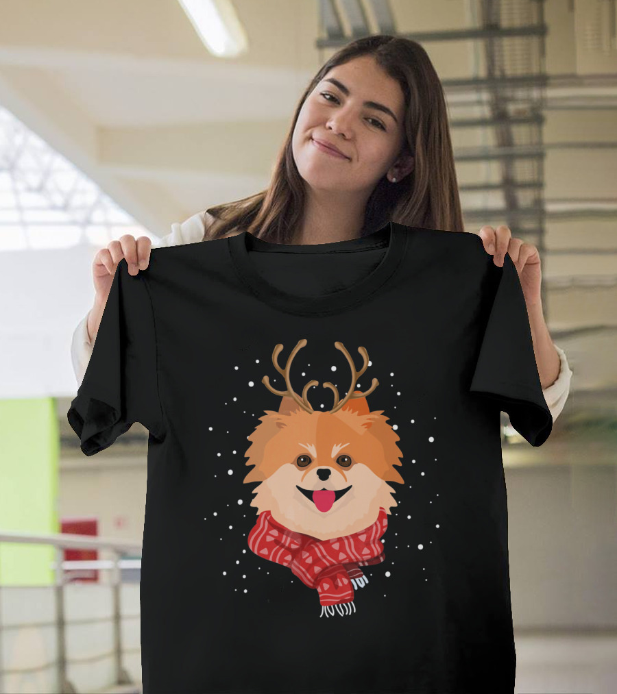 Pomeranian Reindeer Merry with Antlers and Scarf T-Shirt