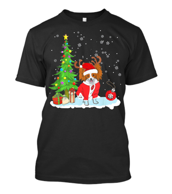 Papillon Dog Father Christmas Tree Reindeer Antlers Snowflakes Presents T-Shirt