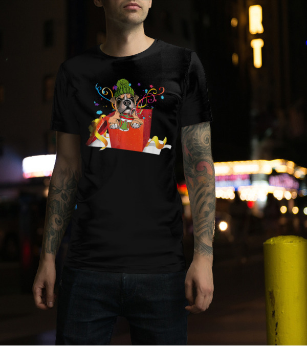 Boxer Puppy With Santa Hat In Christmas Gift Box T-Shirt