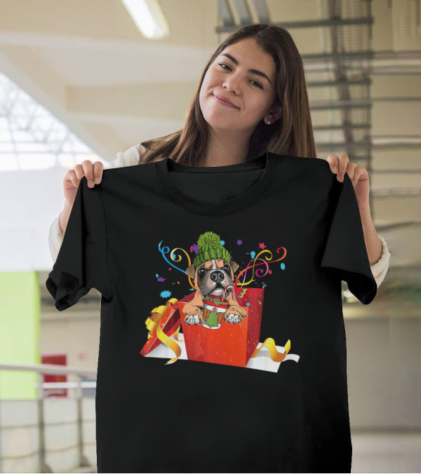 Boxer Puppy With Santa Hat In Christmas Gift Box T-Shirt