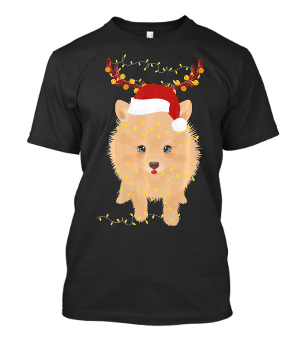 Pomeranian Wearing Santa Hat With Reindeer Antlers And Holiday Lights T-Shirt