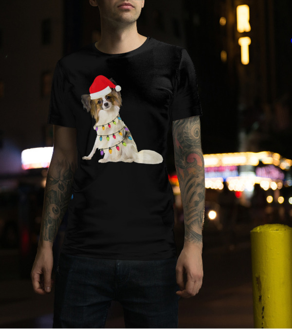 Papillon Christmas Light Dog With Santa Hat T-Shirt