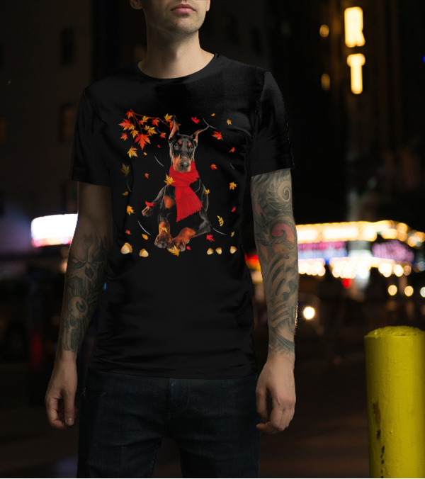 Cute Doberman Dog Autumn Leaves And Acorns T-Shirt