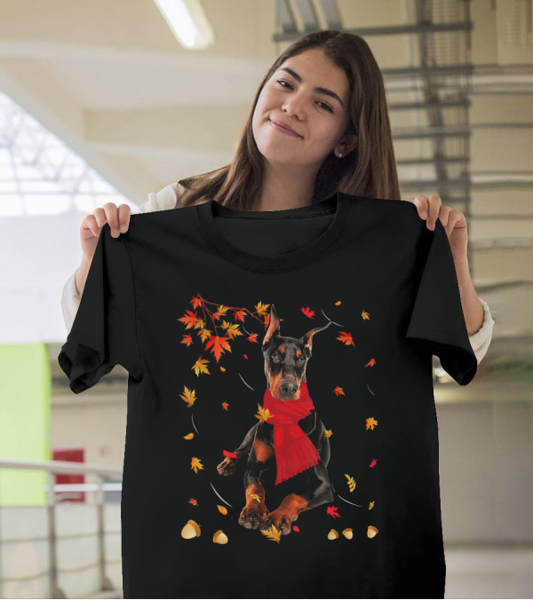 Cute Doberman Dog Autumn Leaves And Acorns T-Shirt