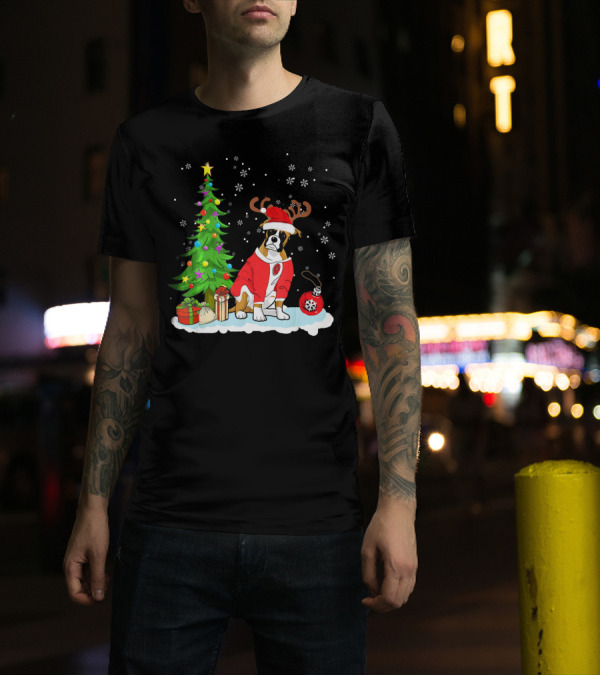 Boxer Dog Father Christmas Tree Gifts Reindeer Antlers T-Shirt