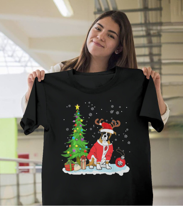 Boxer Dog Father Christmas Tree Gifts Reindeer Antlers T-Shirt