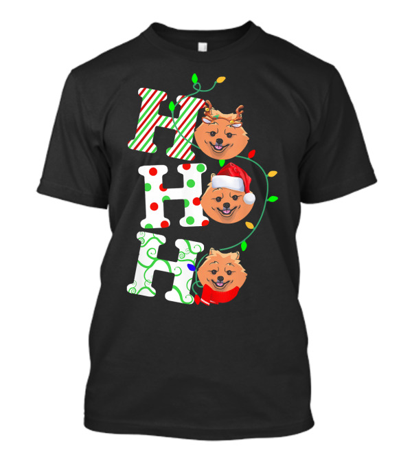 Pomeranian Ho Ho Ho Santa Hat With Reindeer And Festive Lights T-Shirt