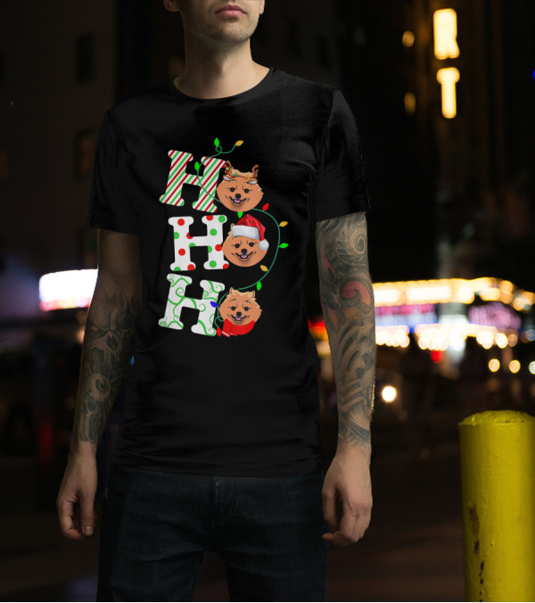 Pomeranian Ho Ho Ho Santa Hat With Reindeer And Festive Lights T-Shirt