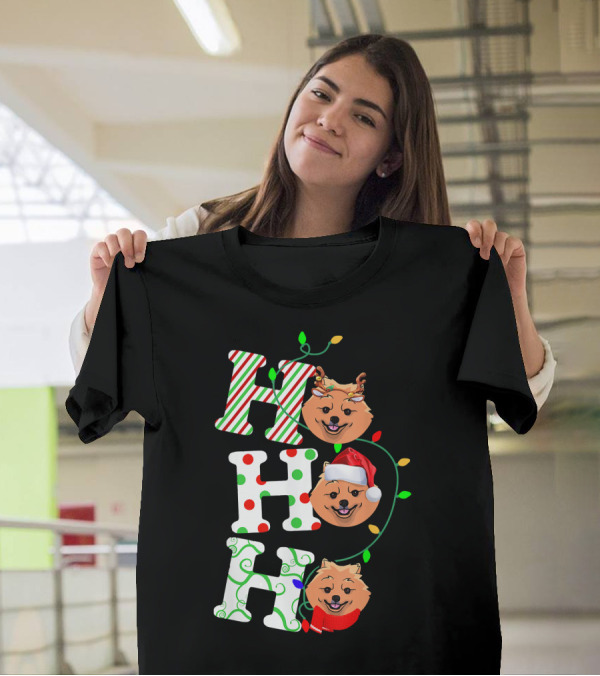 Pomeranian Ho Ho Ho Santa Hat With Reindeer And Festive Lights T-Shirt