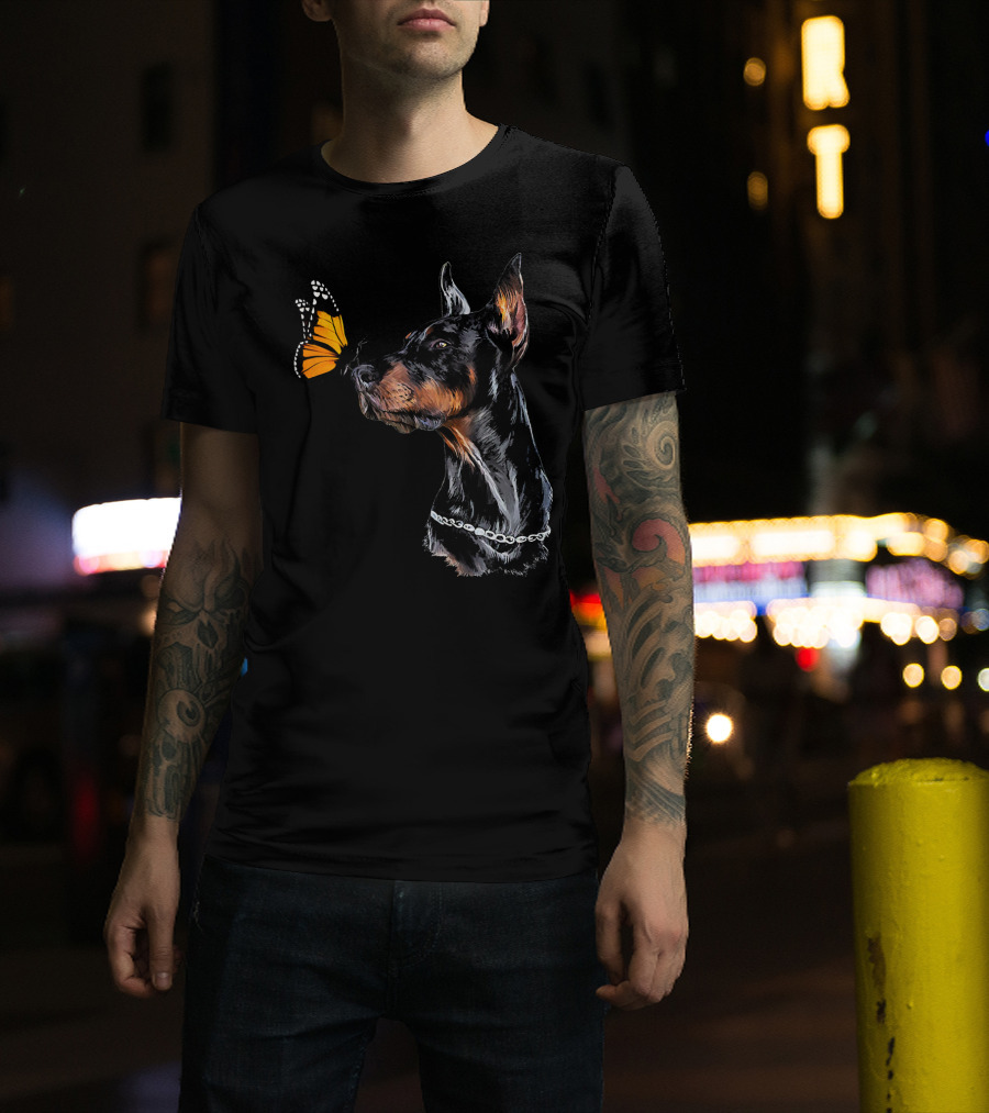 Cute Doberman Pinscher With Butterfly Interaction T-Shirt