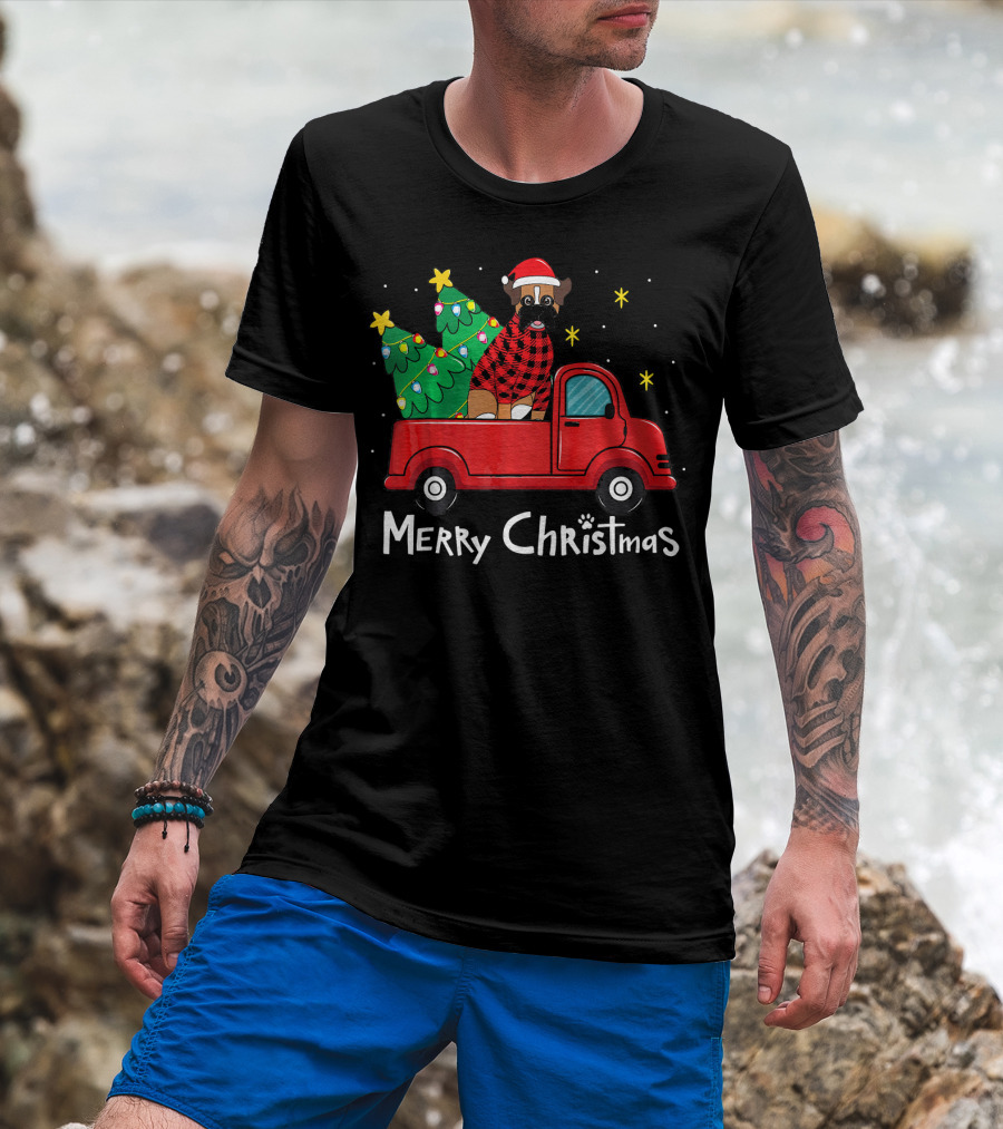 Merry Christmas Boxer Dog Red Truck Tree T-Shirt