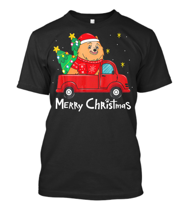 Merry Christmas Pomeranian In Red Truck With Tree And Stars T-Shirt