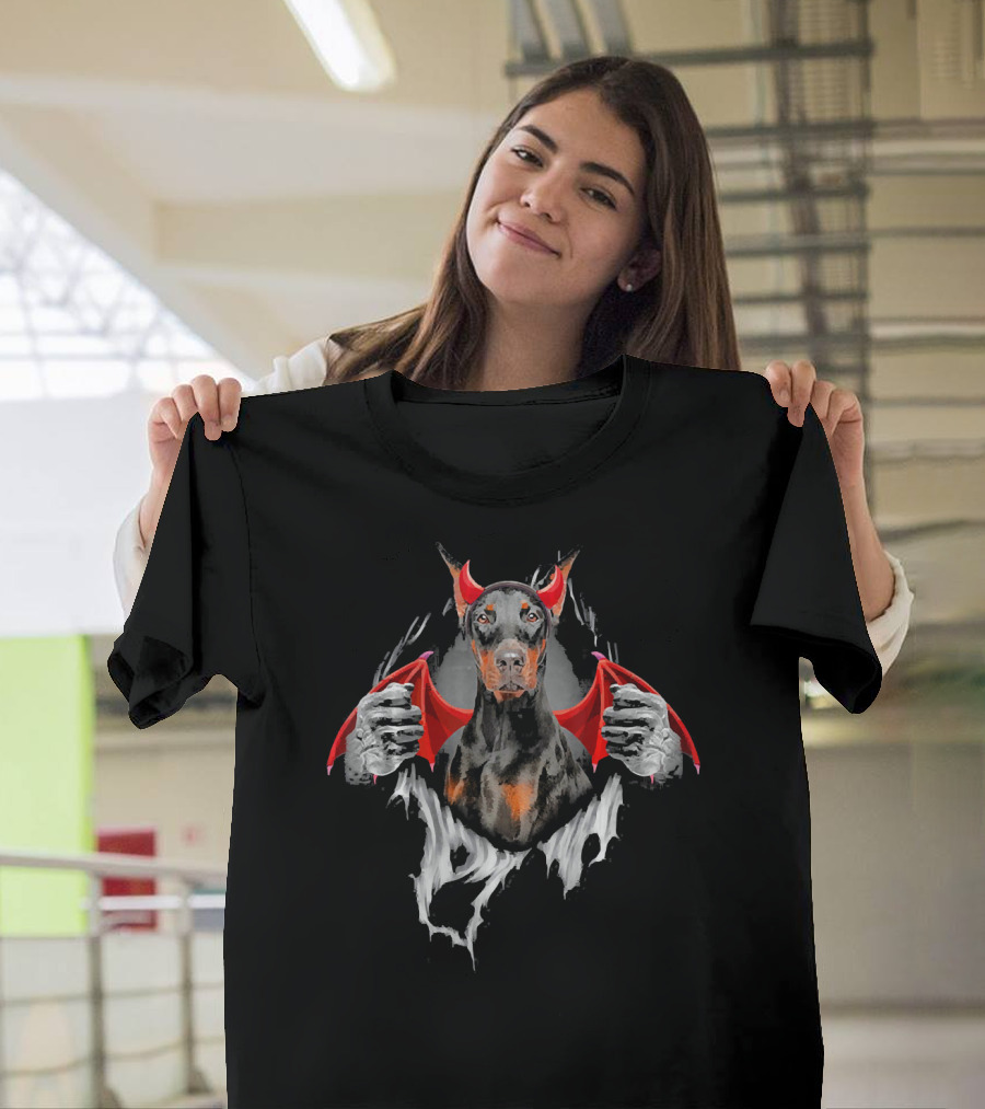 Doberman Torn Funny Doberman Dog Dracul with Devil Horns and Bat Wings T-Shirt