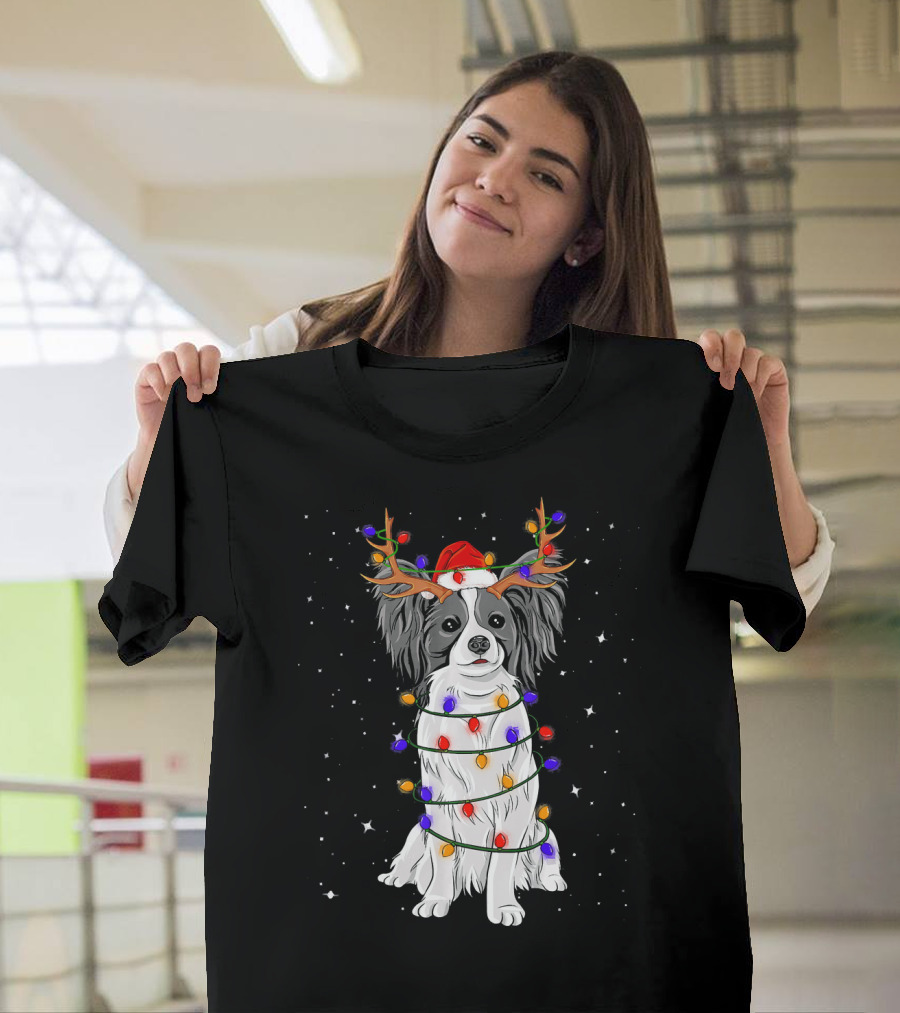 Papillon Christmas Dog Wrapped in Colorful Holiday Lights and Santa Hat T-Shirt