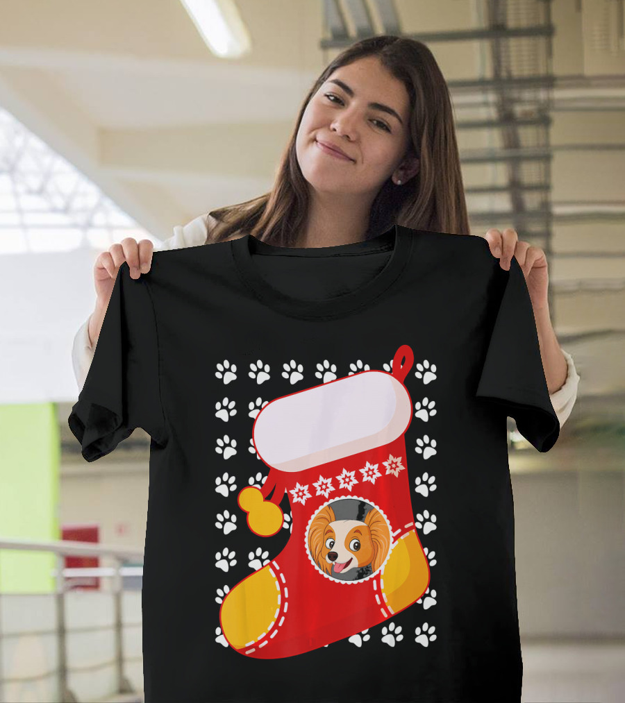 Papillon Christmas Stocking with Paw Prints and Winter Snowflakes T-Shirt