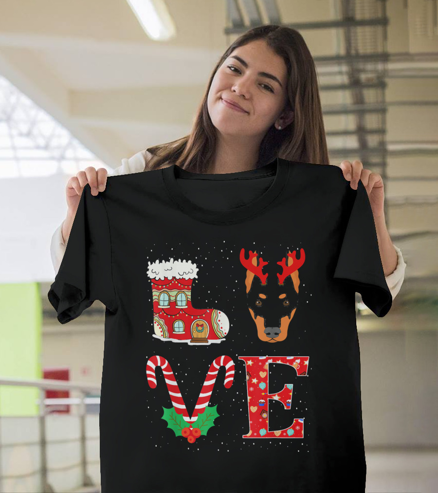 Love My Doberman Reindeer Horns Christmas Boot Candy Cane Holly T-Shirt