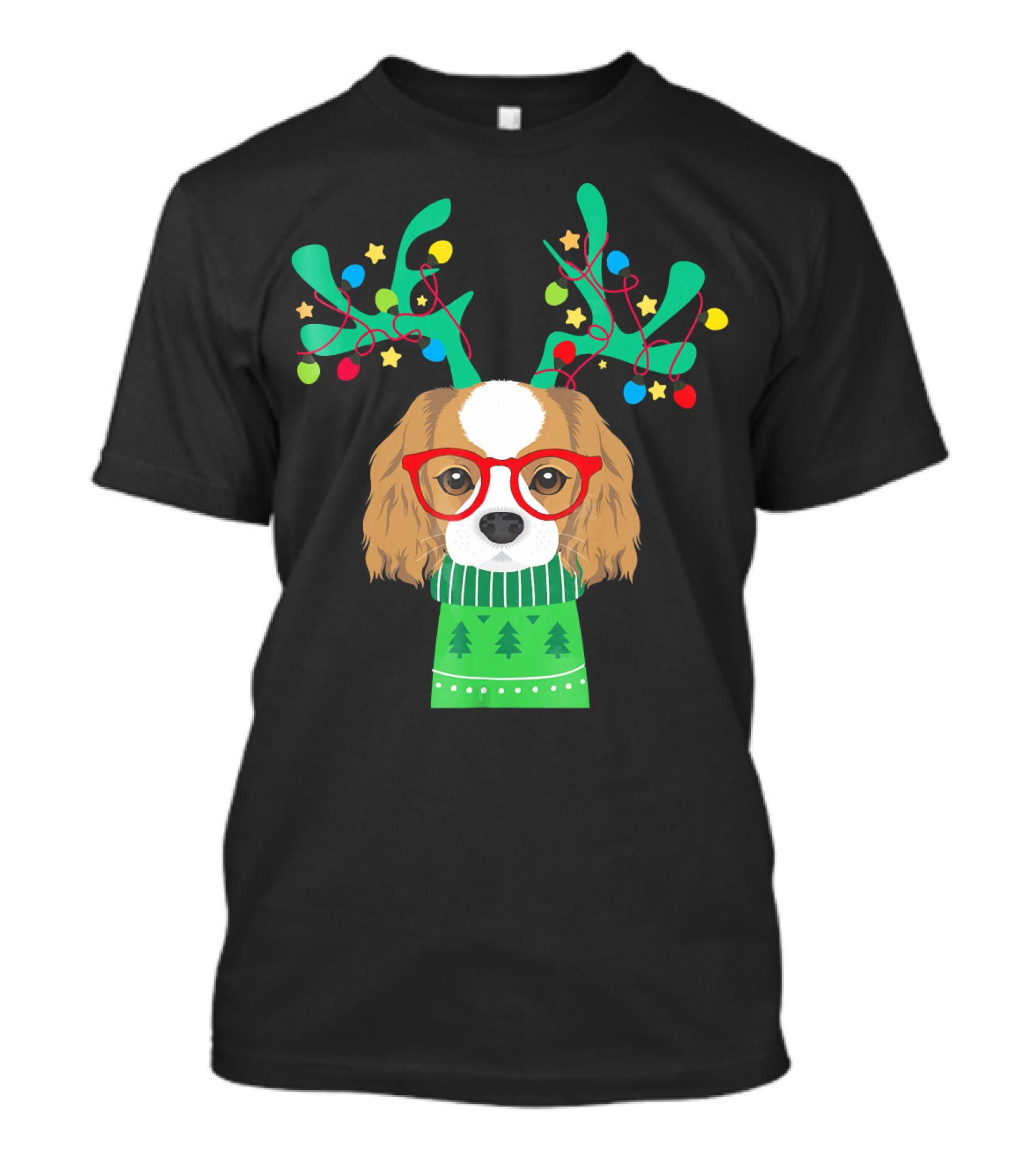 Cavalier Charles Spaniel Xmas Holiday Antlers Lights Festive T-Shirt