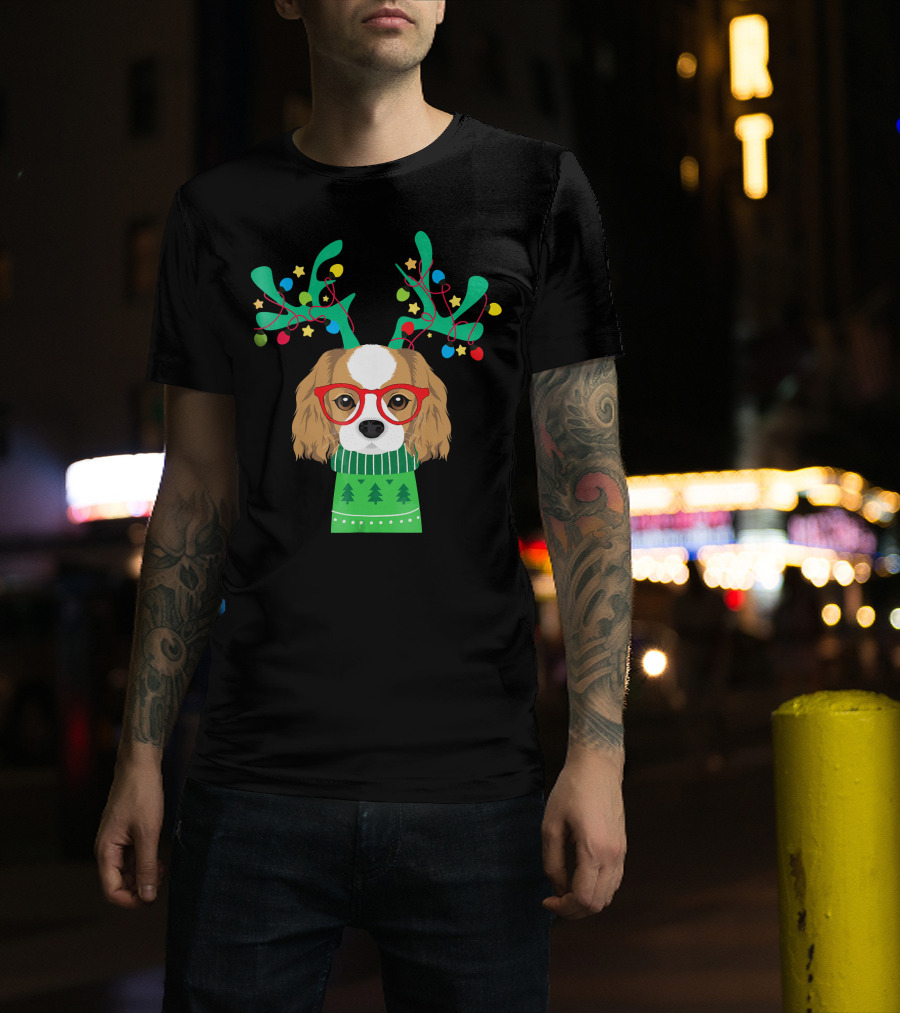 Cavalier Charles Spaniel Xmas Holiday Antlers Lights Festive T-Shirt