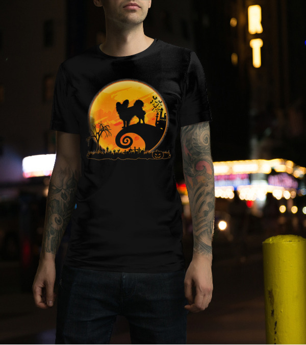 Papillon Dog Silhouette Halloween Night Moon Scene T-Shirt
