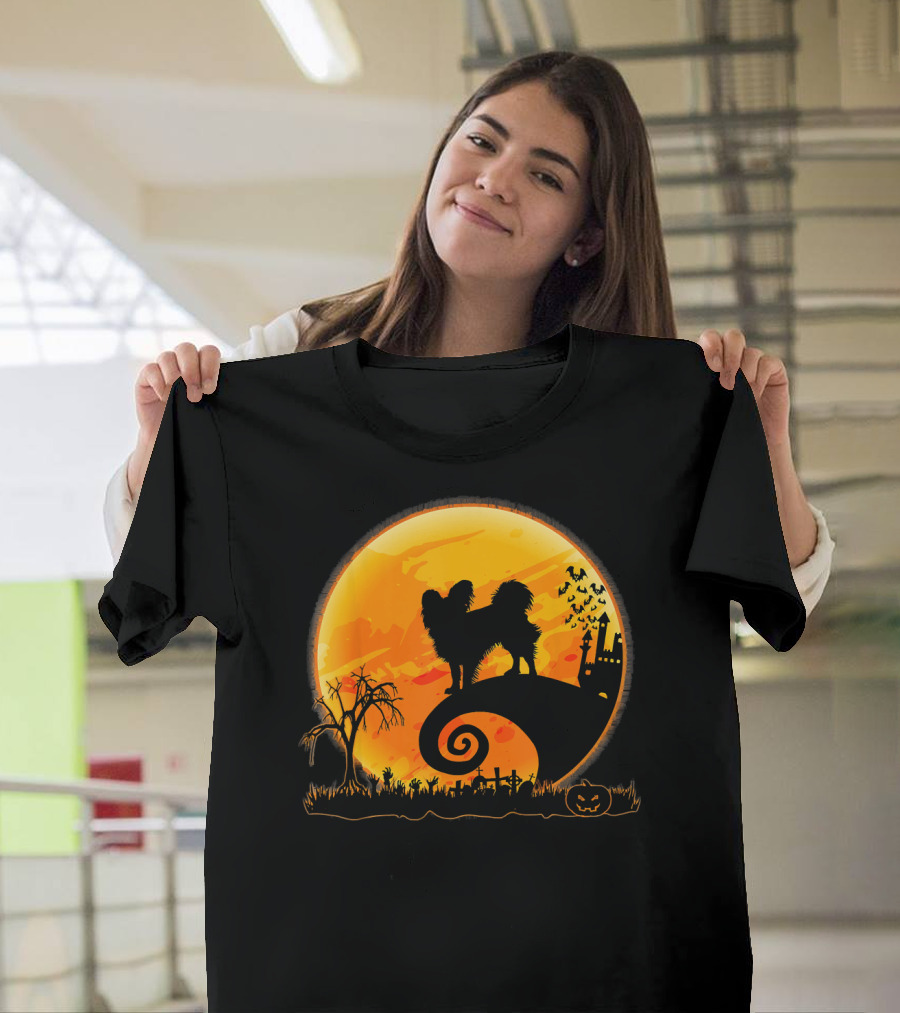 Papillon Dog Silhouette Halloween Night Moon Scene T-Shirt