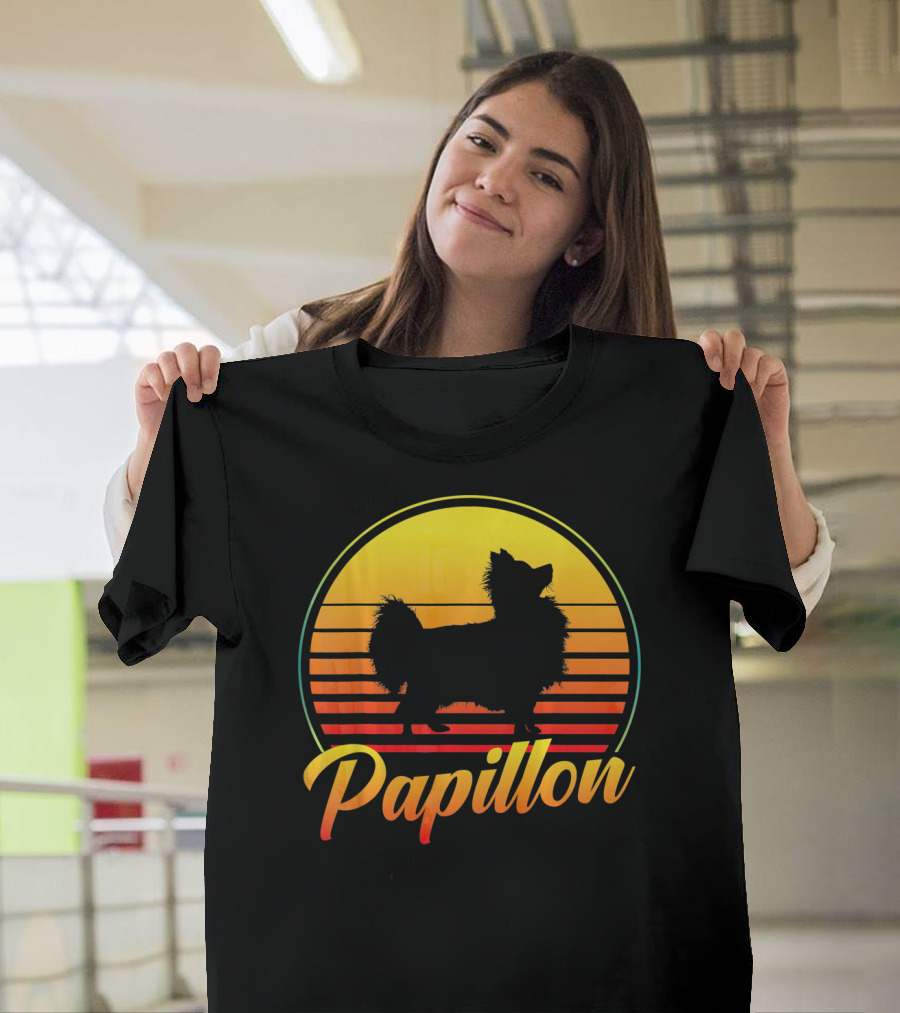 Papillon Dog Retro Sunset T-Shirt