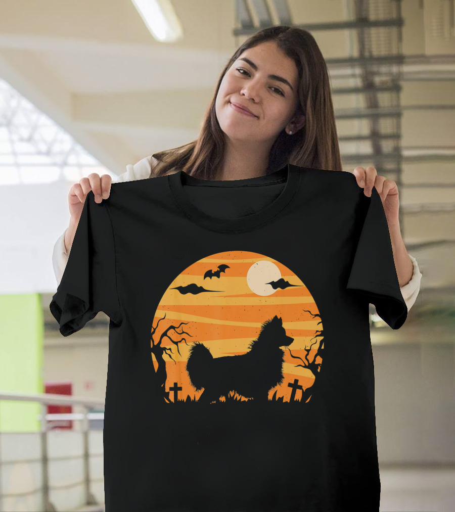 Papillon Dog Silhouette in Spooky Halloween Night Scene with Full Moon and Bats T-Shirt