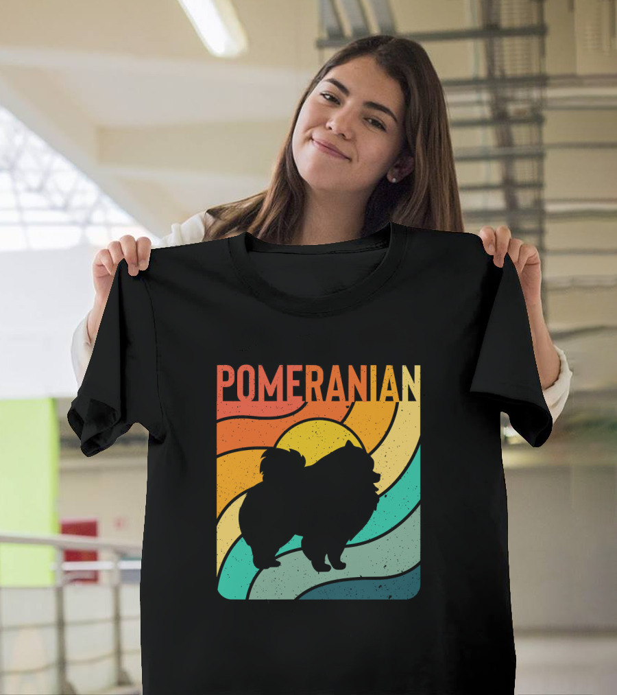 Pomeranian Vintage Retro Pet Dog Silhouette with Colorful Waves T-Shirt