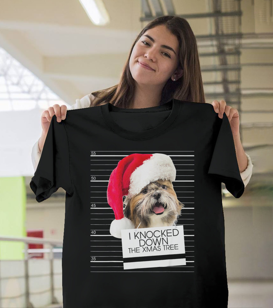 Shih Tzu Dog I Knocked Down The Xmas Tree with Santa Hat Mugshot T-Shirt