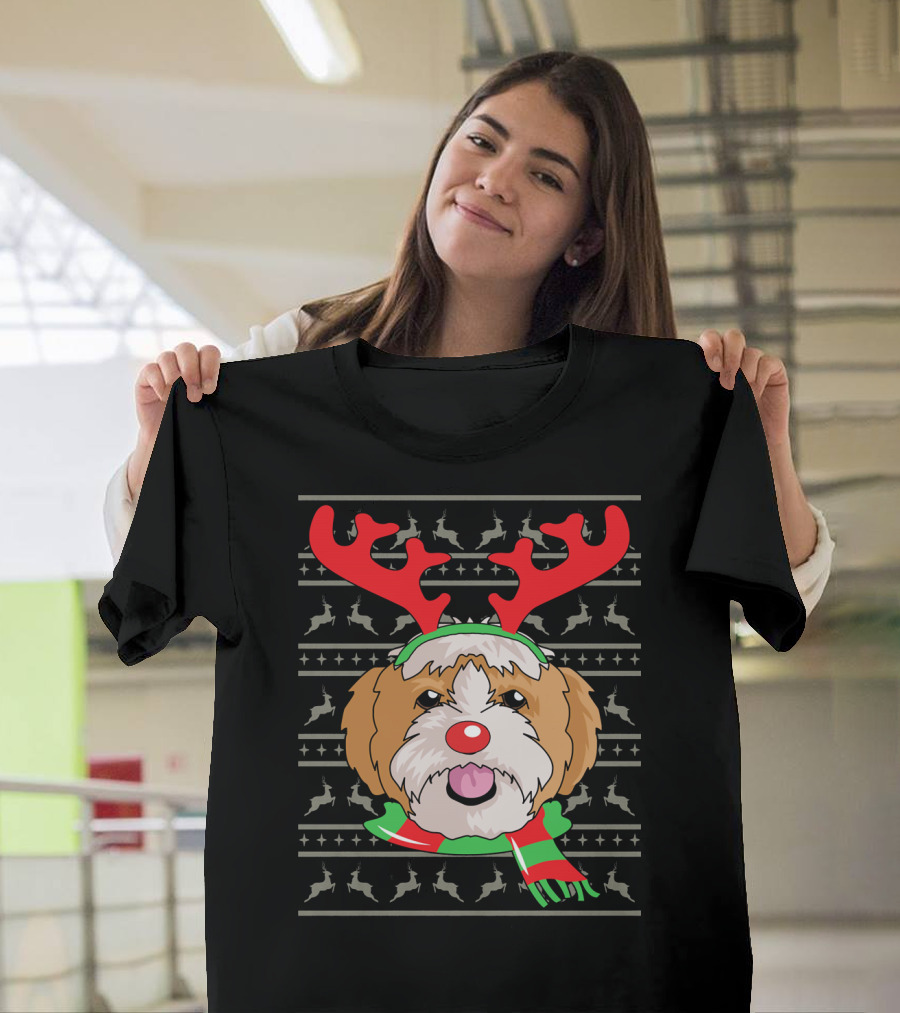Shih Tzu Dog with Reindeer Antlers and Scarf T-Shirt