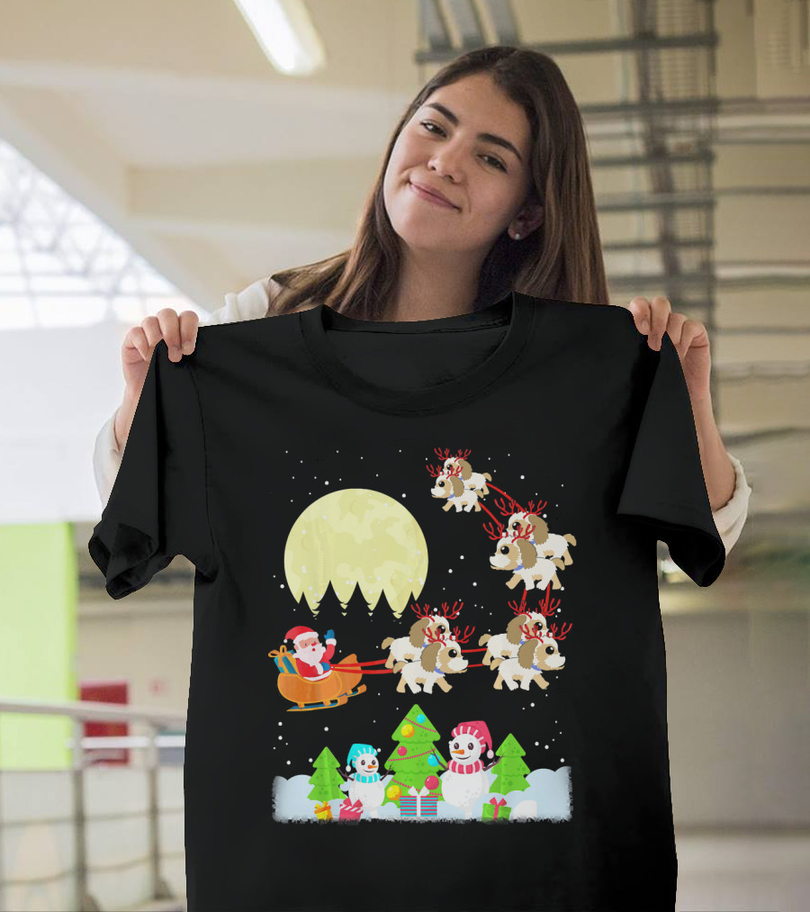 Shih Tzu Reindeer Christmas Santa Sleigh Snowman Scene T-Shirt