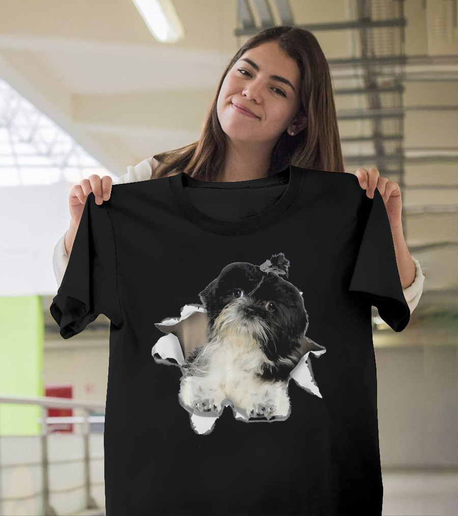 Shih Tzu Inside Torn Hole Dog Mid T-Shirt