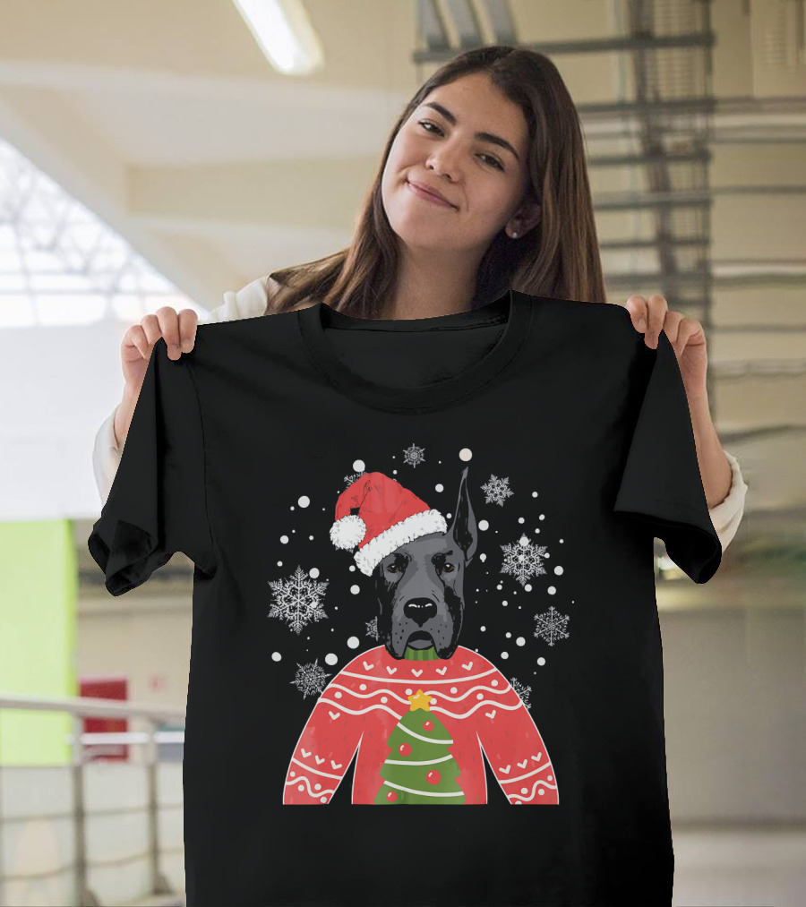 Santa Great Dane Christmas Sweater Snowflakes T-Shirt