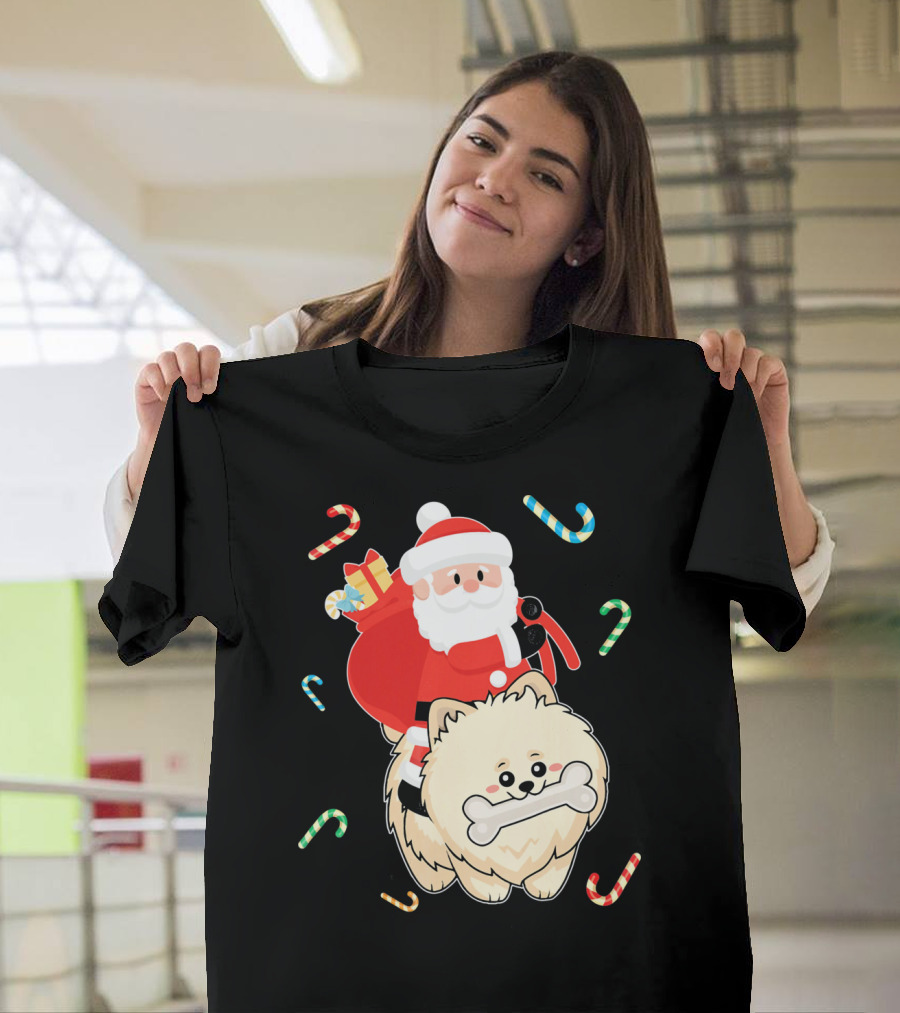 Santa Claus Riding Pomeranian With Candy Canes and Gifts T-Shirt