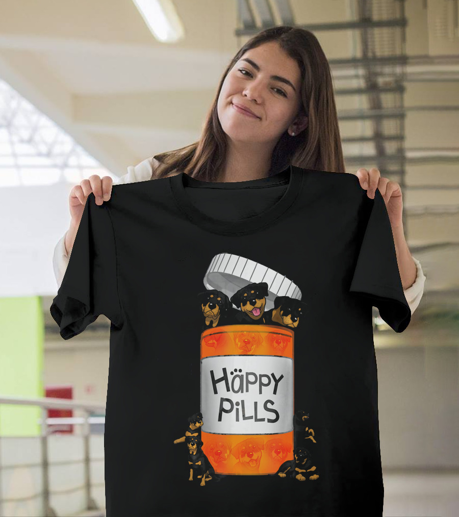 Rottweiler Puppy Happy Pills Container with Playful Dogs T-Shirt