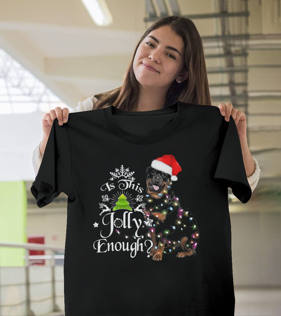 Is This Jolly Enough Rottweiler with Christmas Lights and Santa Hat T-Shirt