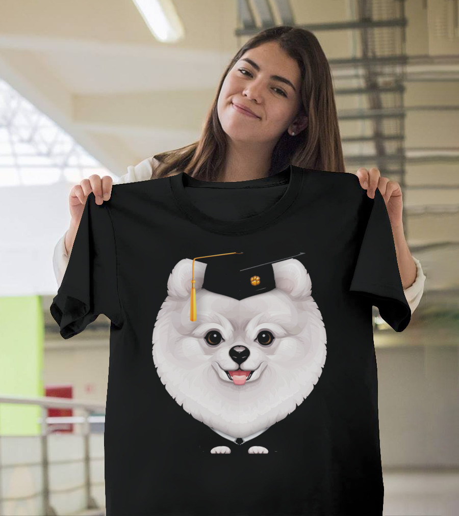 White Pomeranian Graduation Cap with Paw Print Tassel T-Shirt