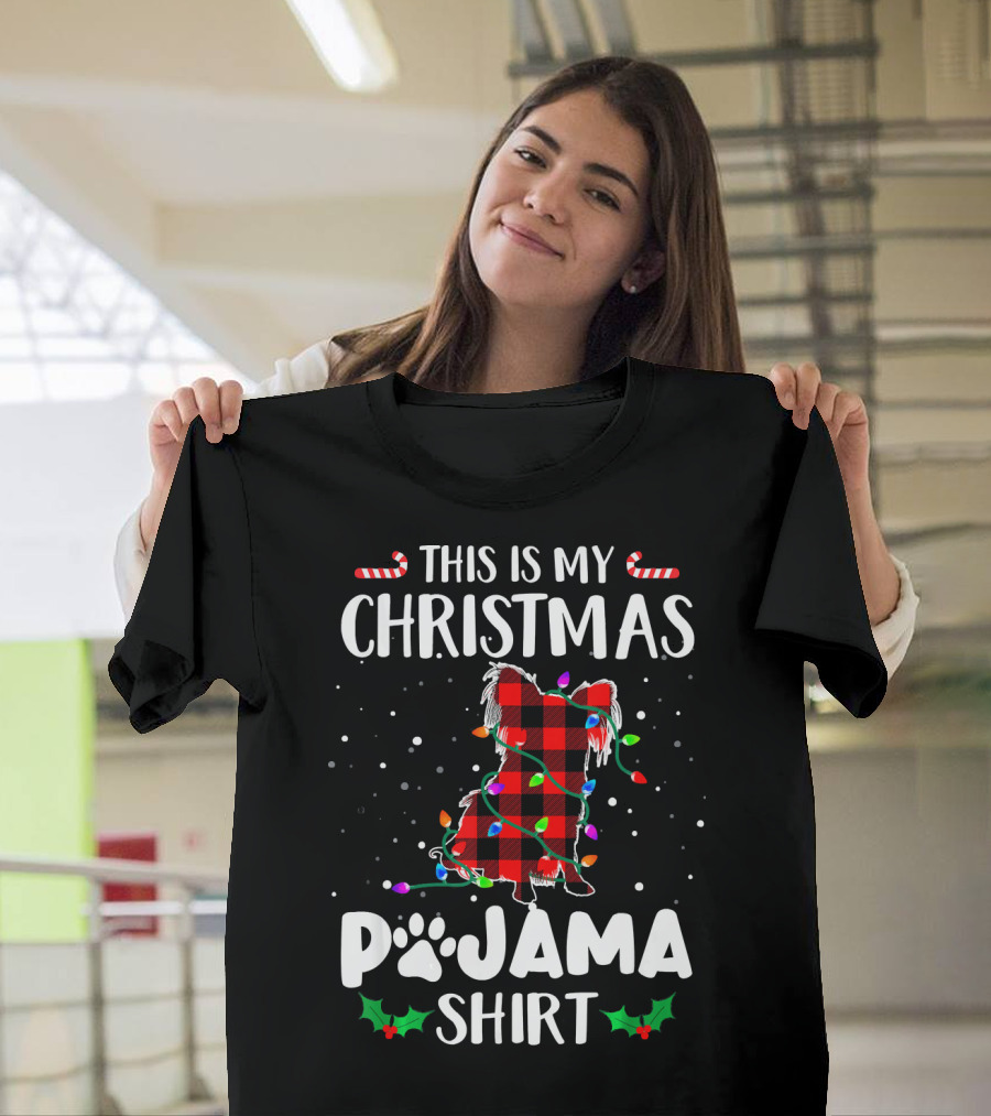 THIS IS MY CHRISTMAS PAJAMA SHIRT PAPILLON DOG CANDY CANE LIGHTS HOLLY T-Shirt