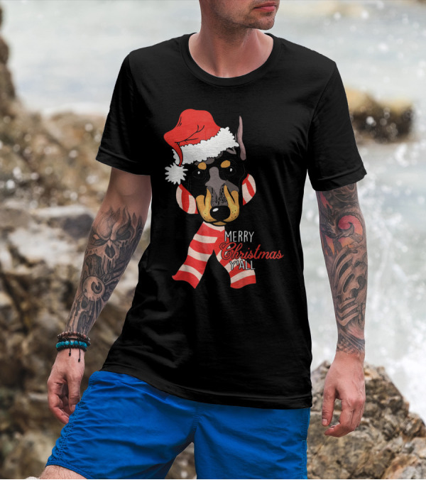 Doberman Dog Merry Christmas Y'all With Santa Hat And Red Stripes T-Shirt