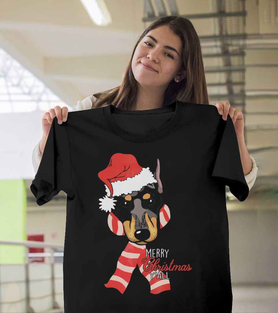 Doberman Dog Merry Christmas Y'all with Santa Hat and Red Stripes T-Shirt
