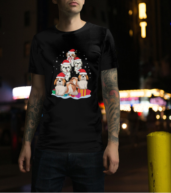 Shih Tzu Noel Hat Christmas Presents Stack With Snowflakes T-Shirt