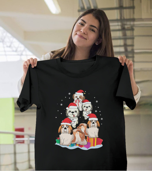 Shih Tzu Noel Hat Christmas Presents Stack With Snowflakes T-Shirt