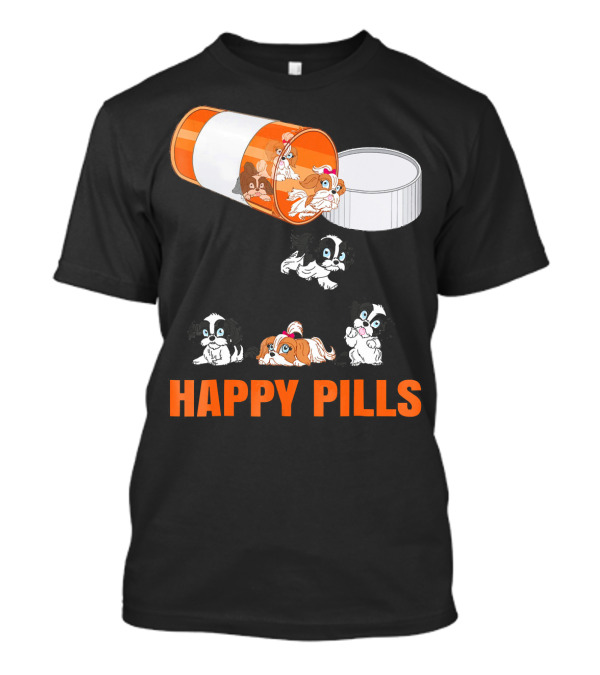 Shih Tzu Dogs In Happy Pills Cartoon Medicine Capsule Fun T-Shirt