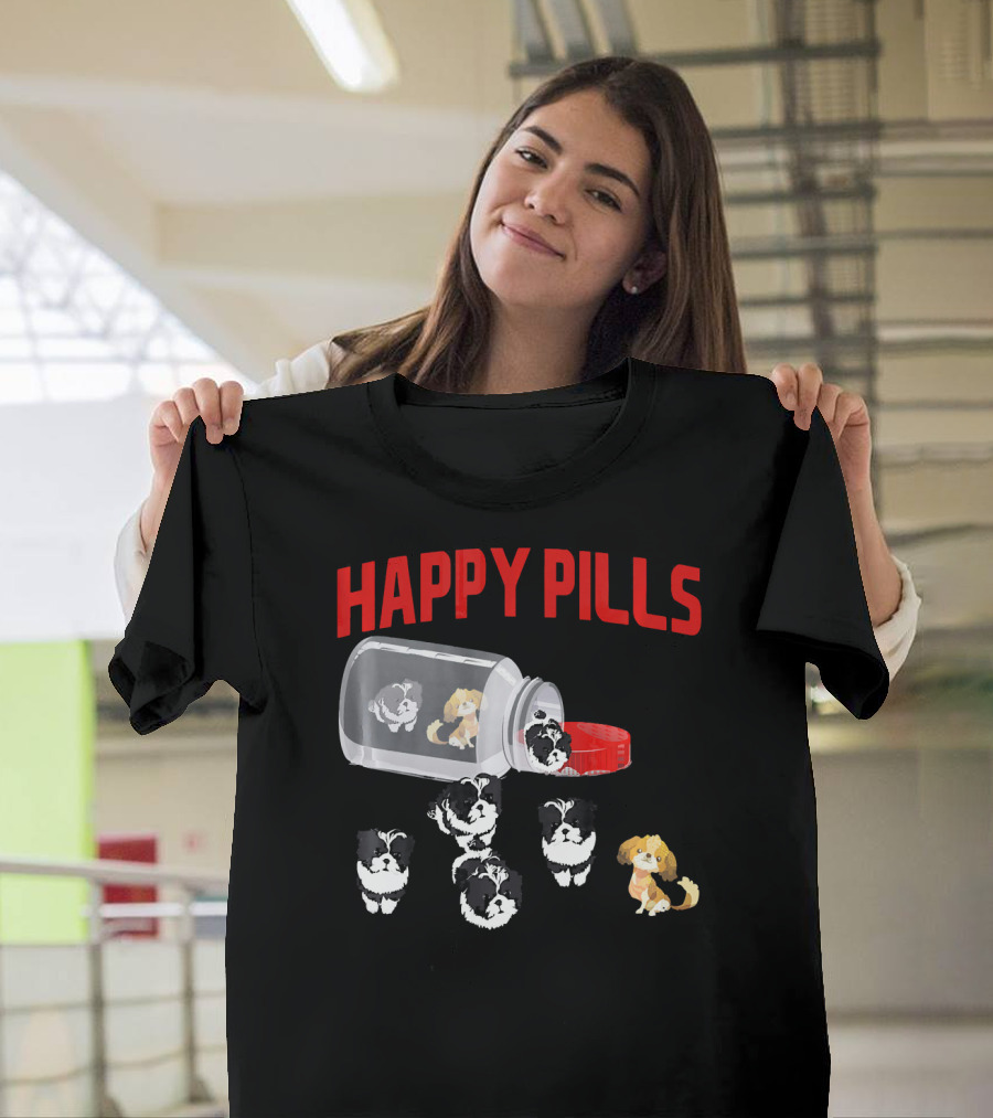 Shih Tzu Happy Pills Funny Medicine Dogs in a Bottle T-Shirt
